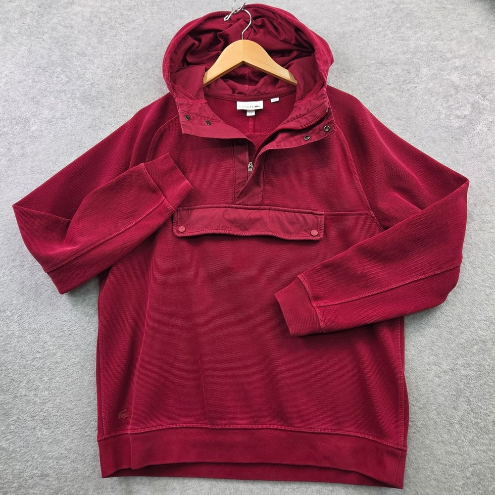 LACOSTE HEAVYWEIGHT Textured Anorak Hoodie Mens Size L Red Cotton Blend
